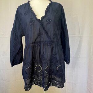J.Jill Navy blue Eyelet Ruffle Blouse